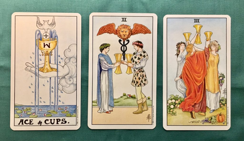 Ace of cups, 2 of cups, 3 of cups