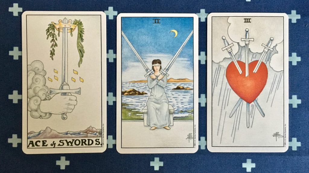 Ace of Swords, 2 of Swords, 3 of Swords